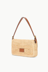 Natural tan raffia crossbody bag with top handles and square logo plaque