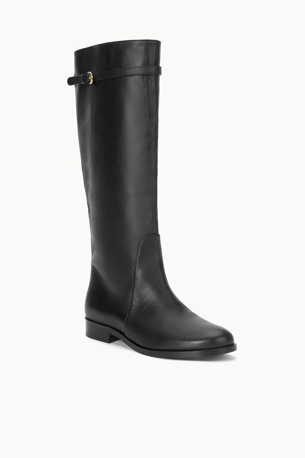 Black pull-on riding boot with short block heel and rounded toe