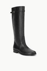 Black pull-on riding boot with short block heel and rounded toe