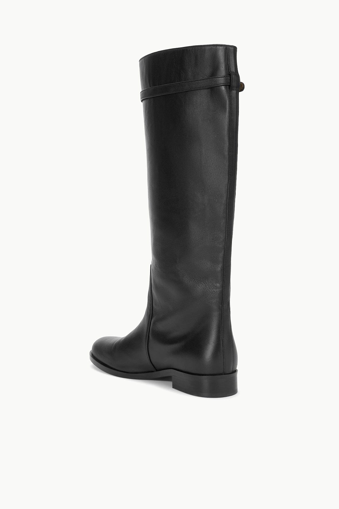 Black riding boot with slim shaft and low stacked heel, back view