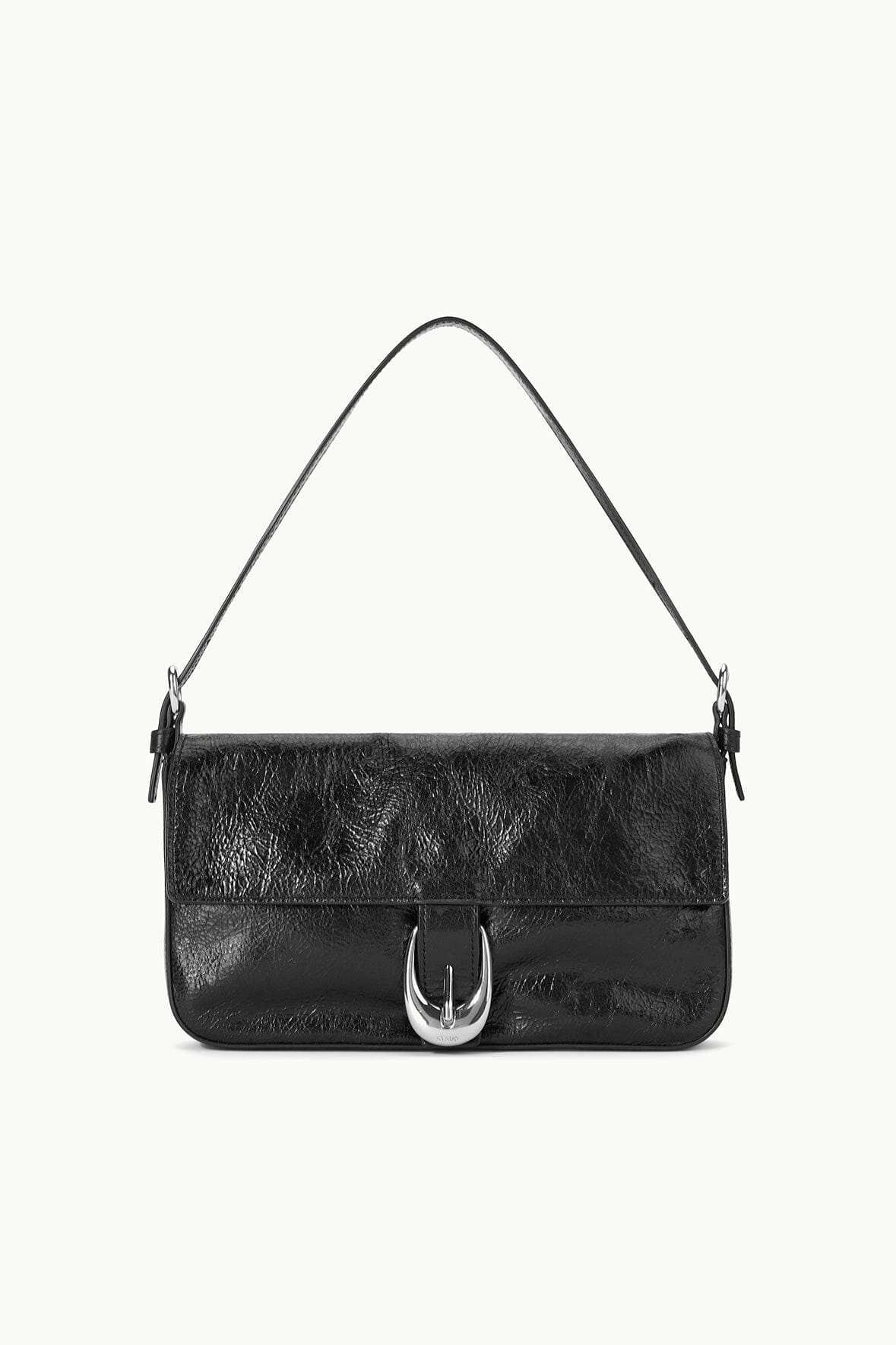 Black leather shoulder bag with flap and silver horseshoe clasp