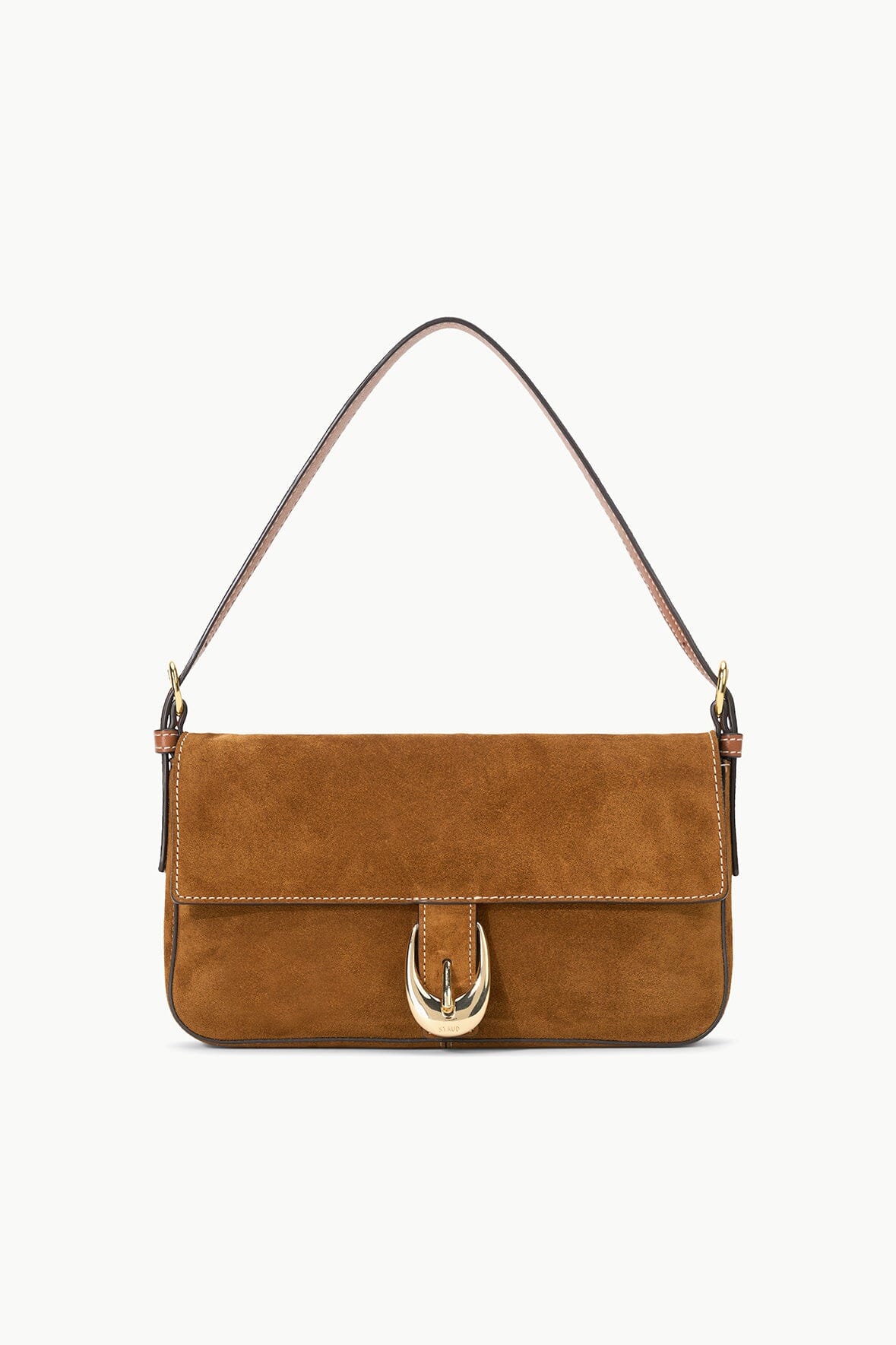 Tan suede Harlow bag with structured front flap, metal horseshoe clasp, and handles