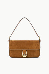 Tan suede Harlow bag with structured front flap, metal horseshoe clasp, and handles