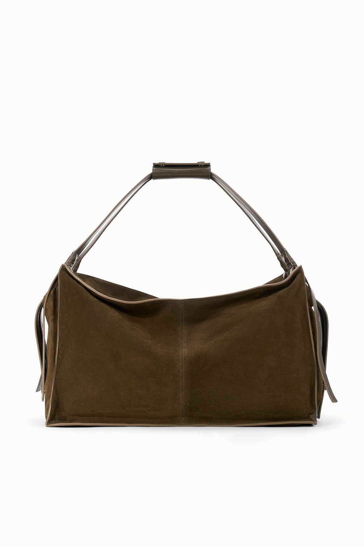 Large truffle suede hobo-style bag with top handles and magnetic snap closure