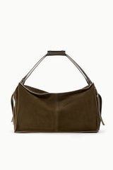 Large truffle suede hobo-style bag with top handles and magnetic snap closure