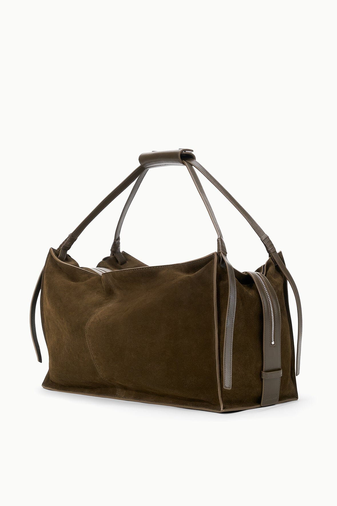 Large truffle suede bag with dual top handles, side tassels, and contrast trim
