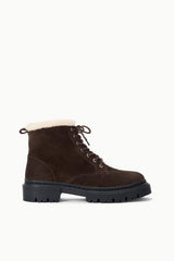 HENRY combat boot in espresso suede with faux-fur cuff, lace-up front, dark lug sole