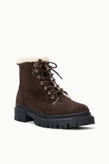 HENRY lace-up combat boot, espresso suede with warm shearling-style collar, lug sole
