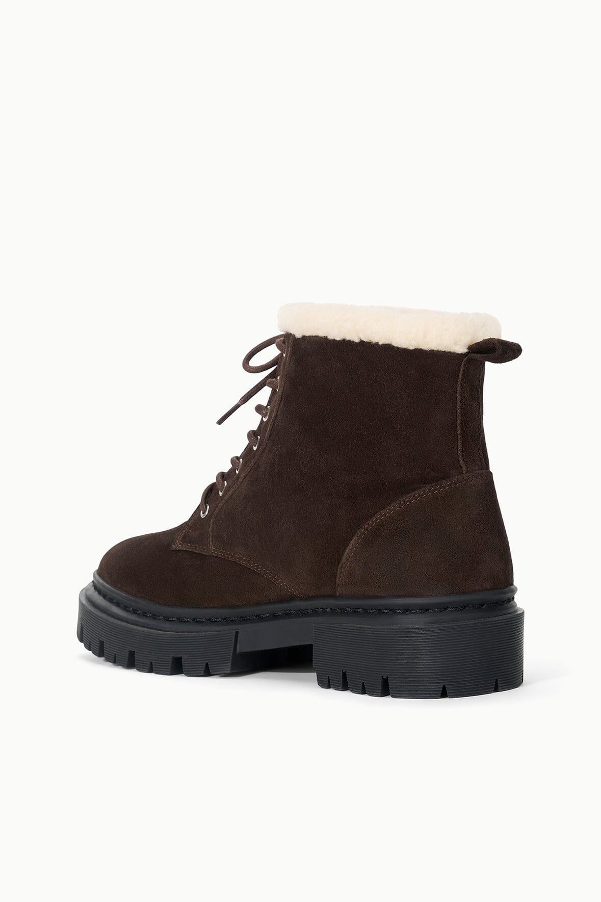HENRY combat boot with espresso suede upper and faux-fur cuff, side view, lug sole