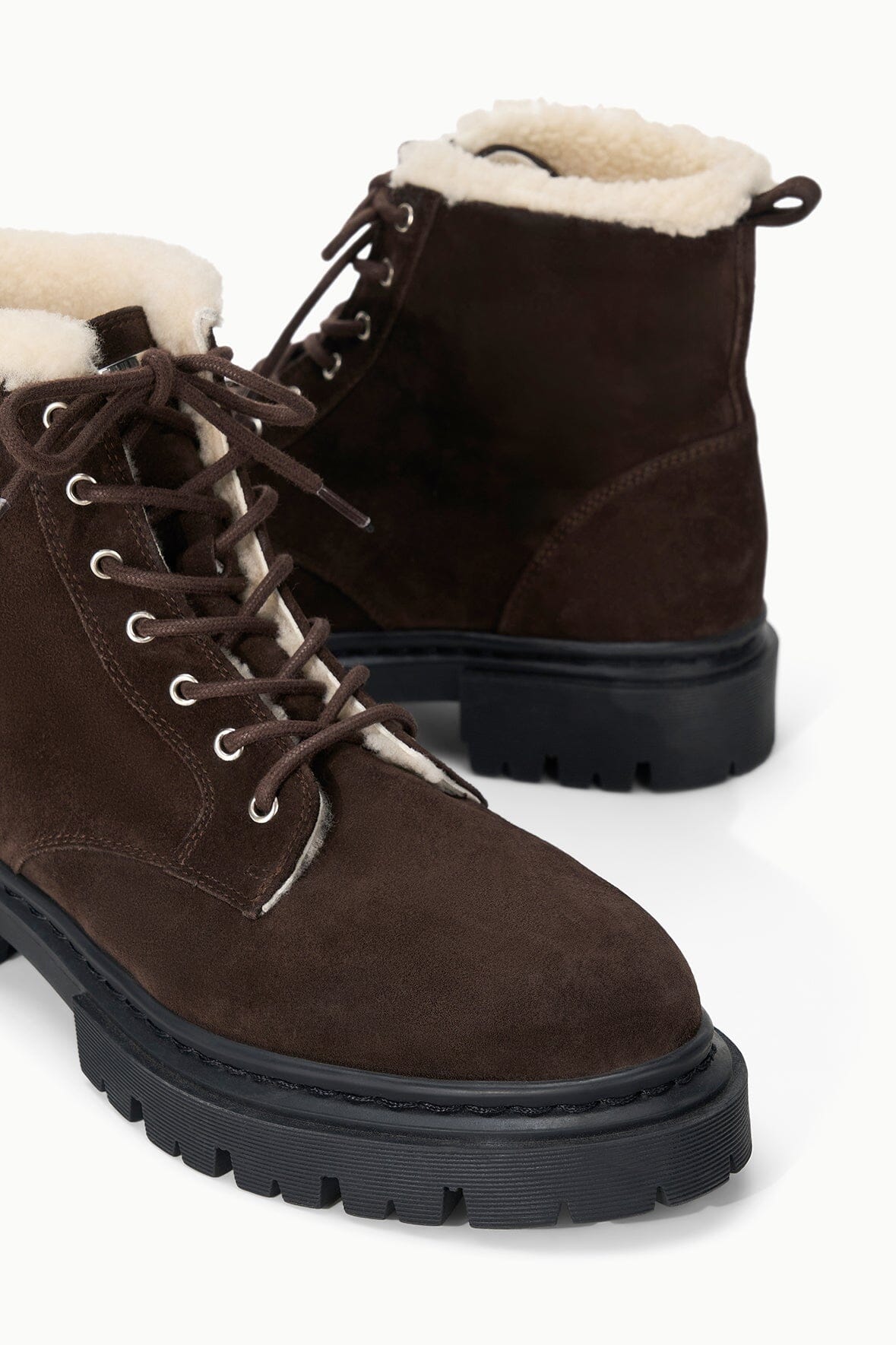 HENRY combat boot pair view: espresso suede, lace-up with faux-fur lining, tread sole