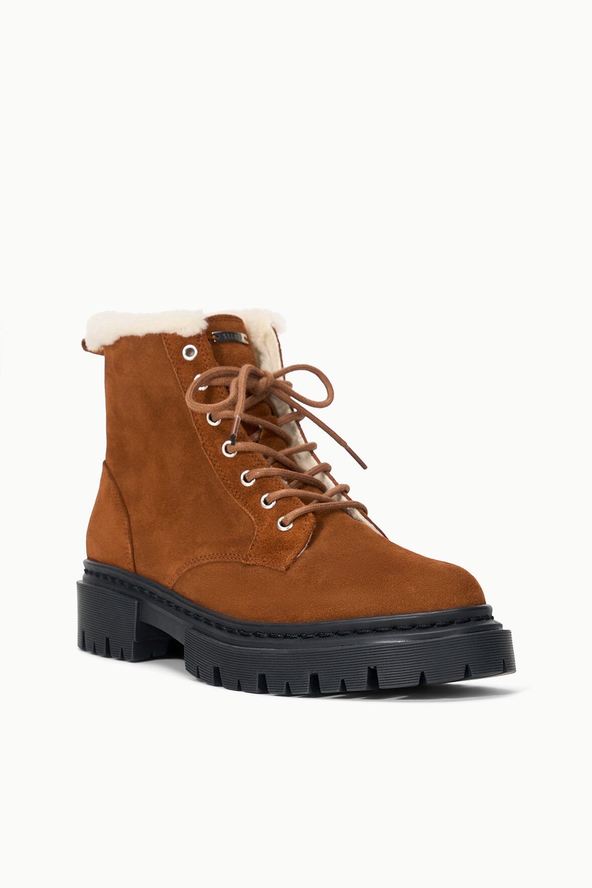 HENRY tabac suede combat boot with lace-up front, shearling lining, and black lug sole