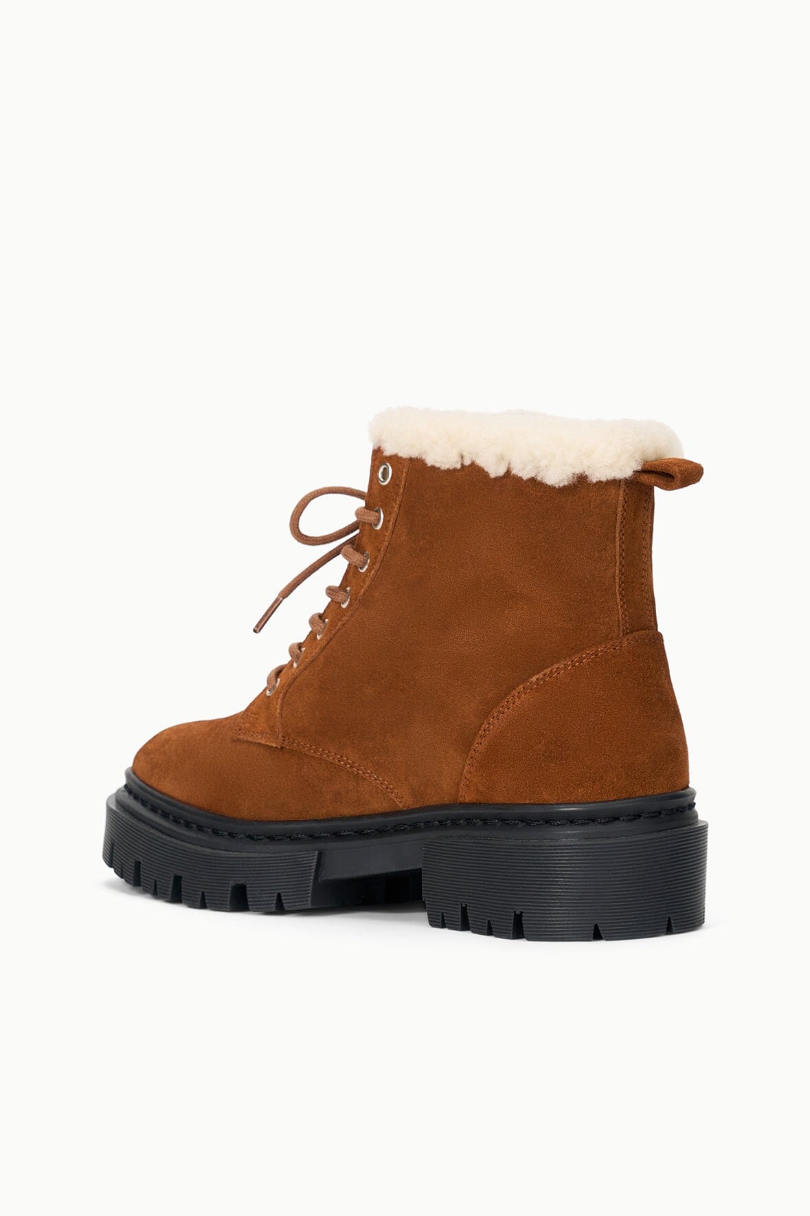 HENRY tabac suede combat boot with faux shearling trim and chunky black lug sole