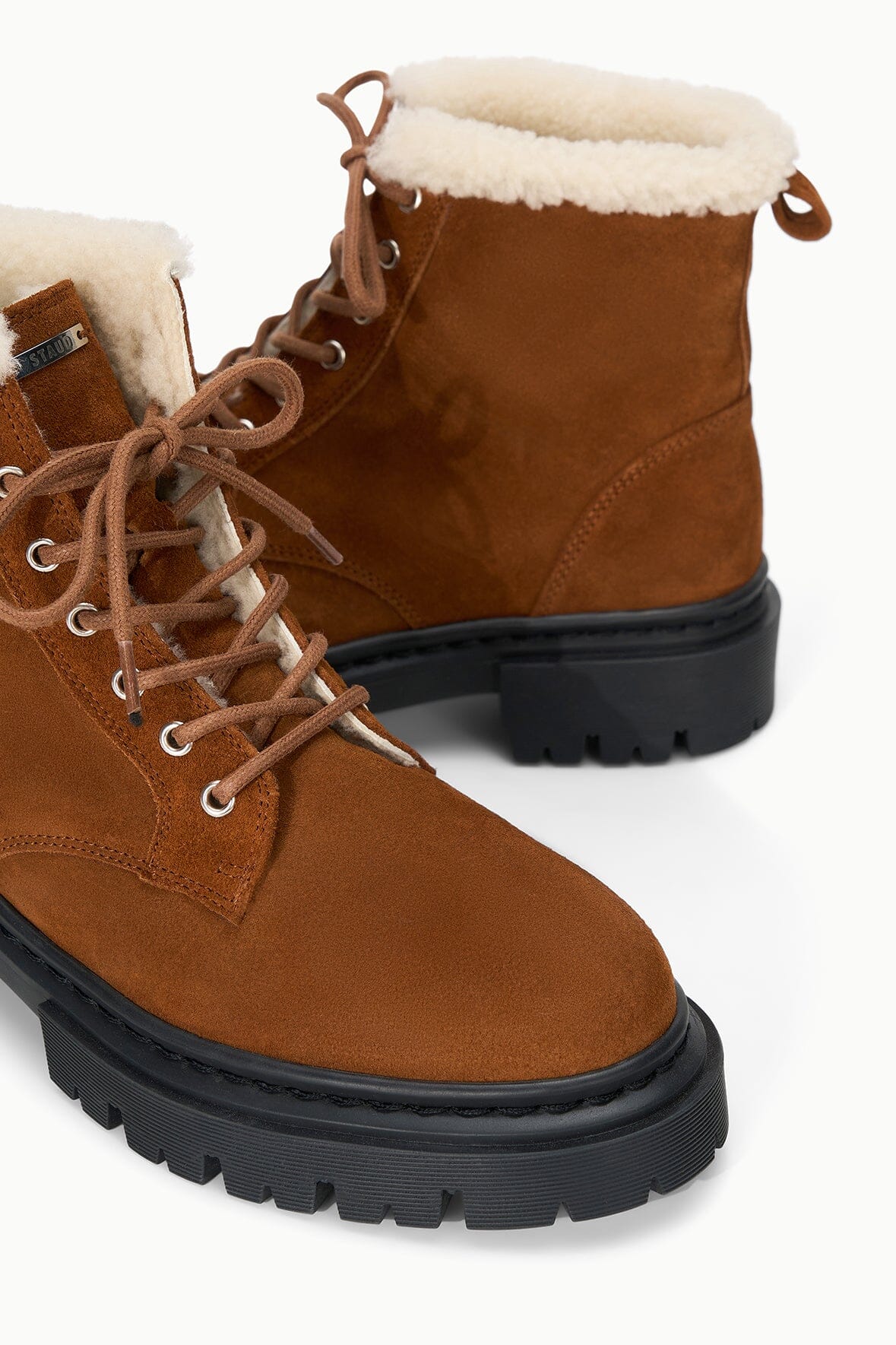 HENRY suede combat boots with shearling cuffs, brown laces, and black lug sole