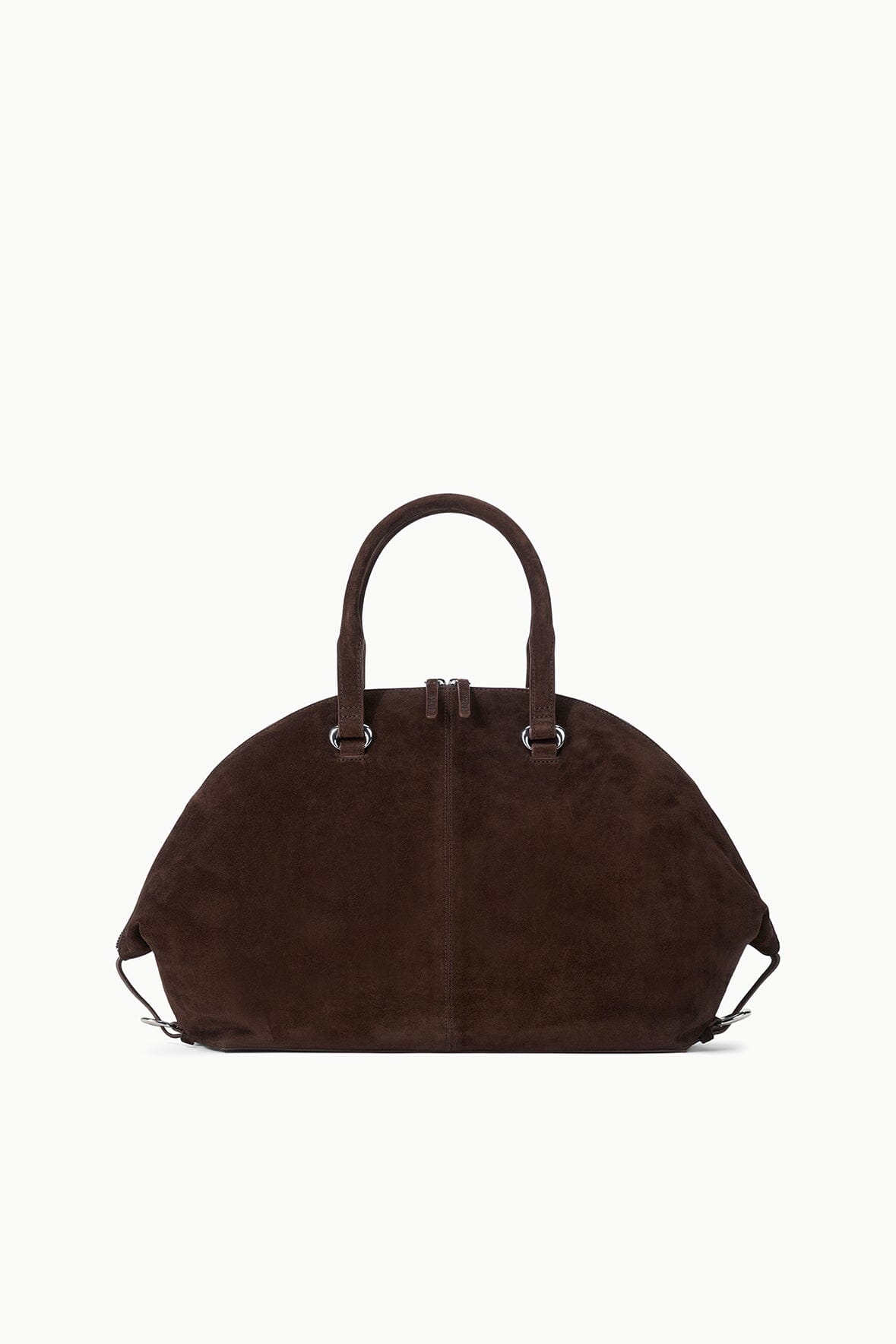 Espresso suede satchel bag with structured oval shape and top handles