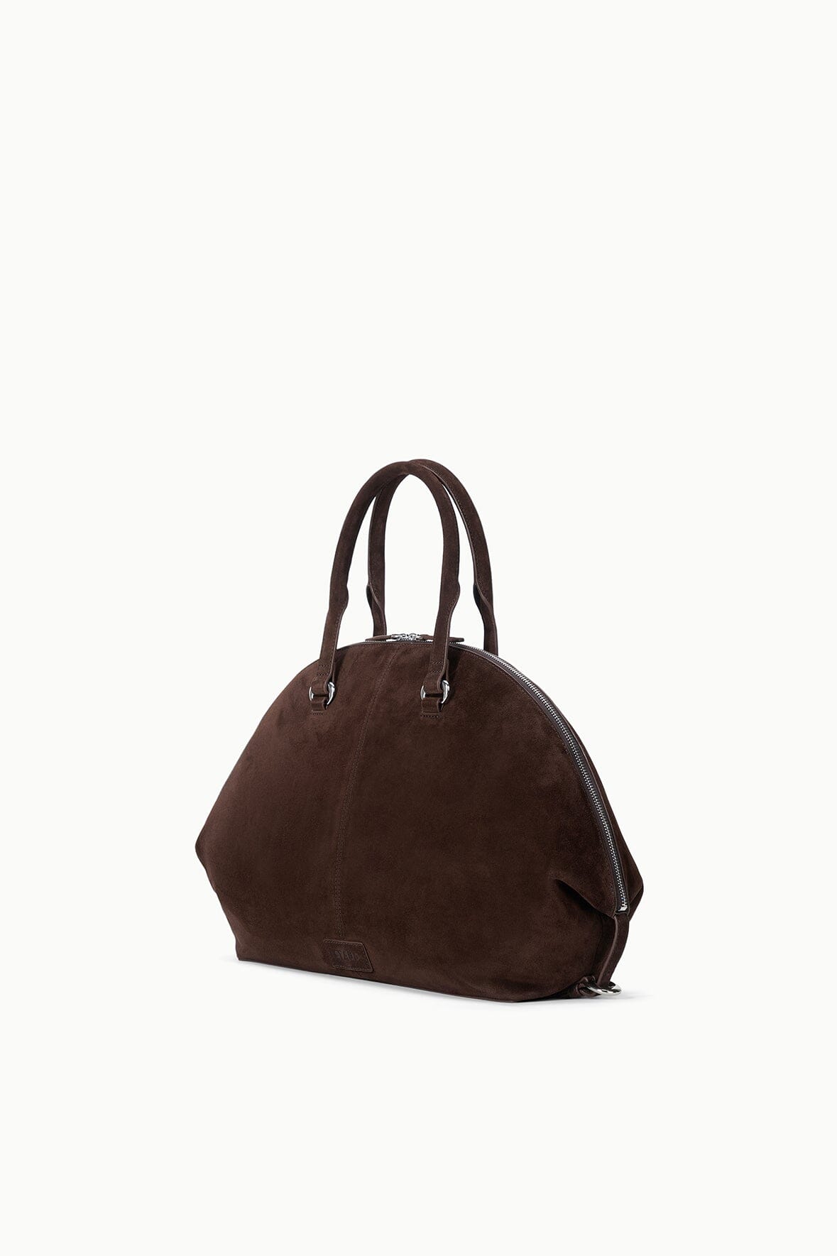 Espresso suede satchel bag, angled view, with top handles and side zipper
