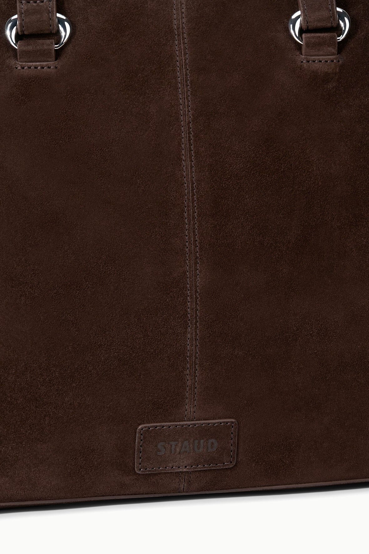 Espresso suede satchel with stitched front and STAUD logo patch