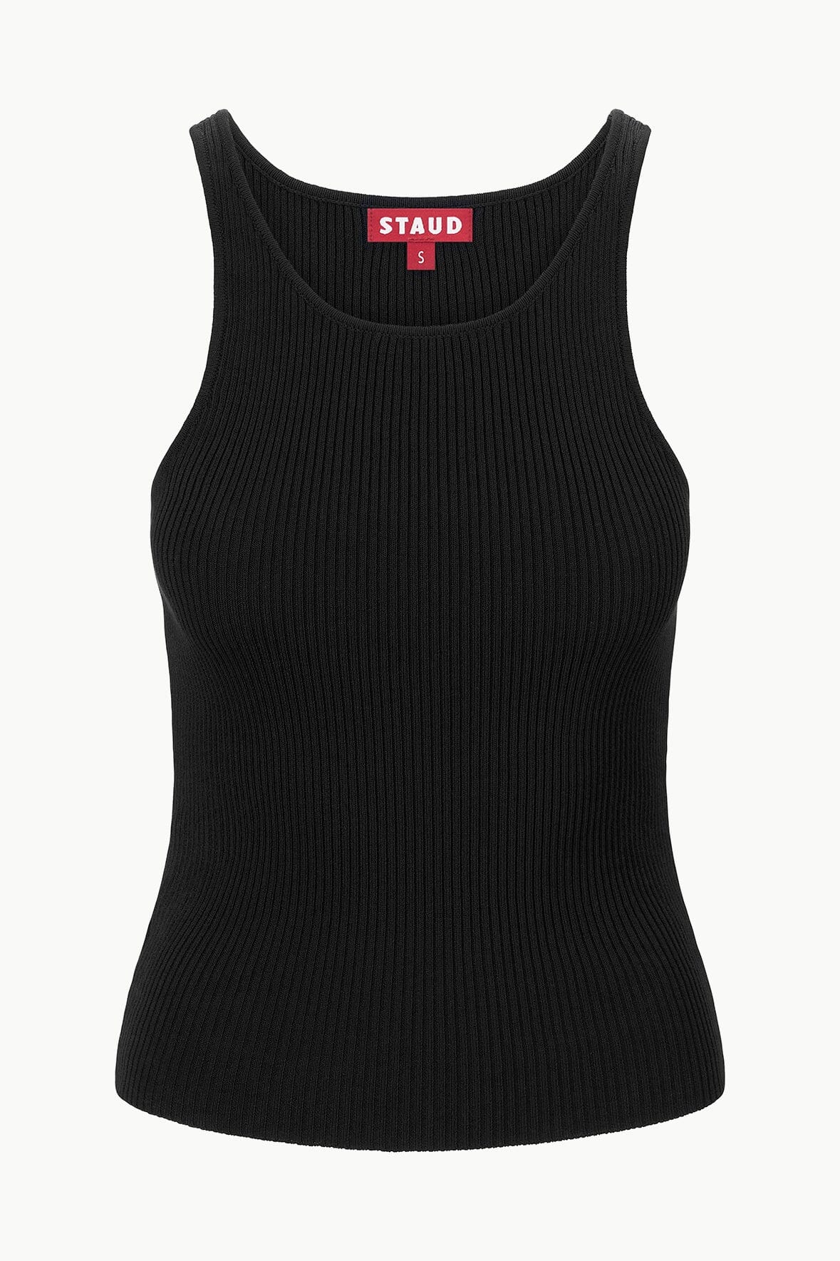 Black ribbed knit tank top with crew neck and label