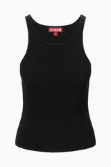 Black ribbed knit tank top with crew neck and label