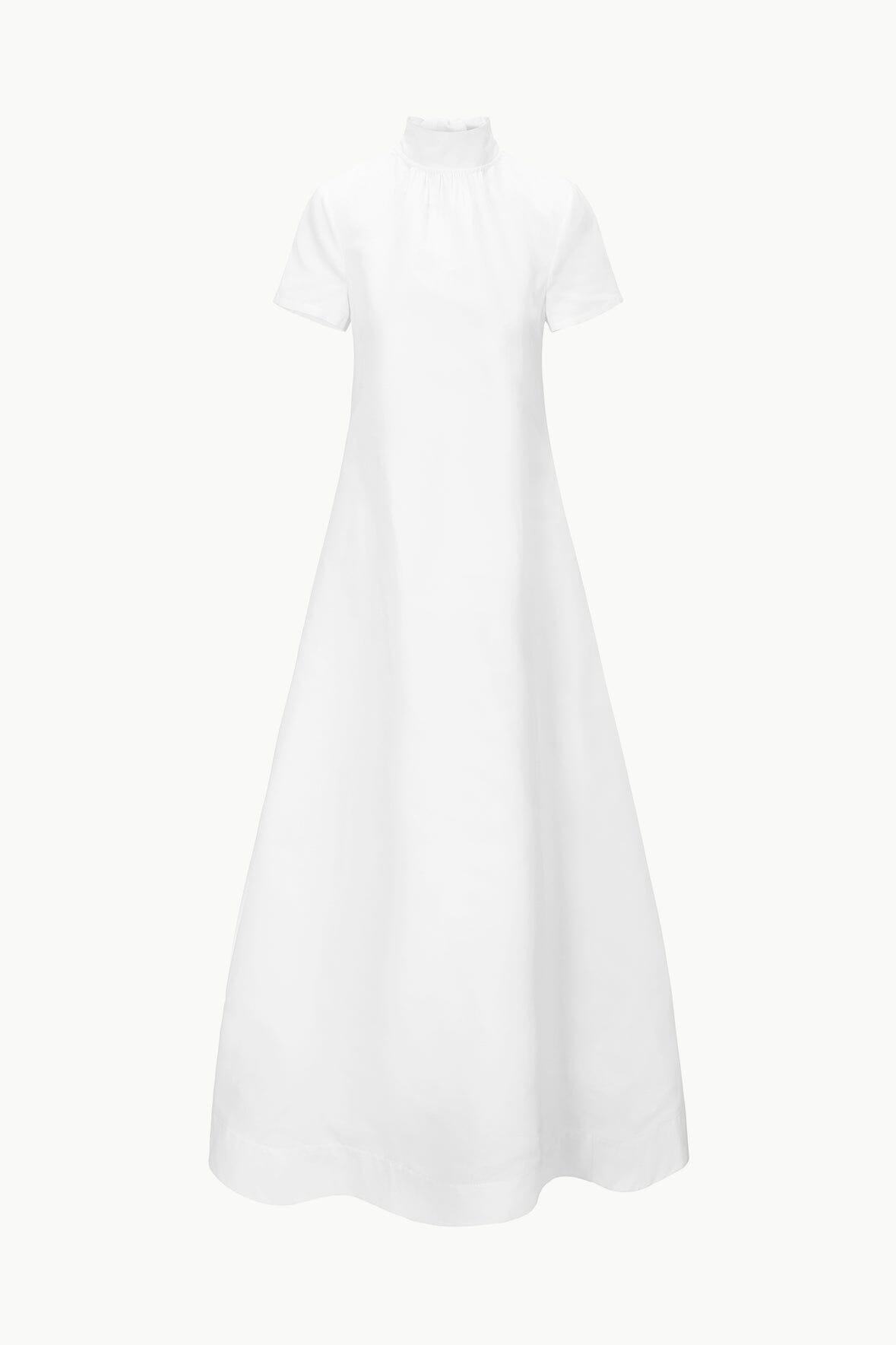 White gathered-neck A-line midi dress with short sleeves
