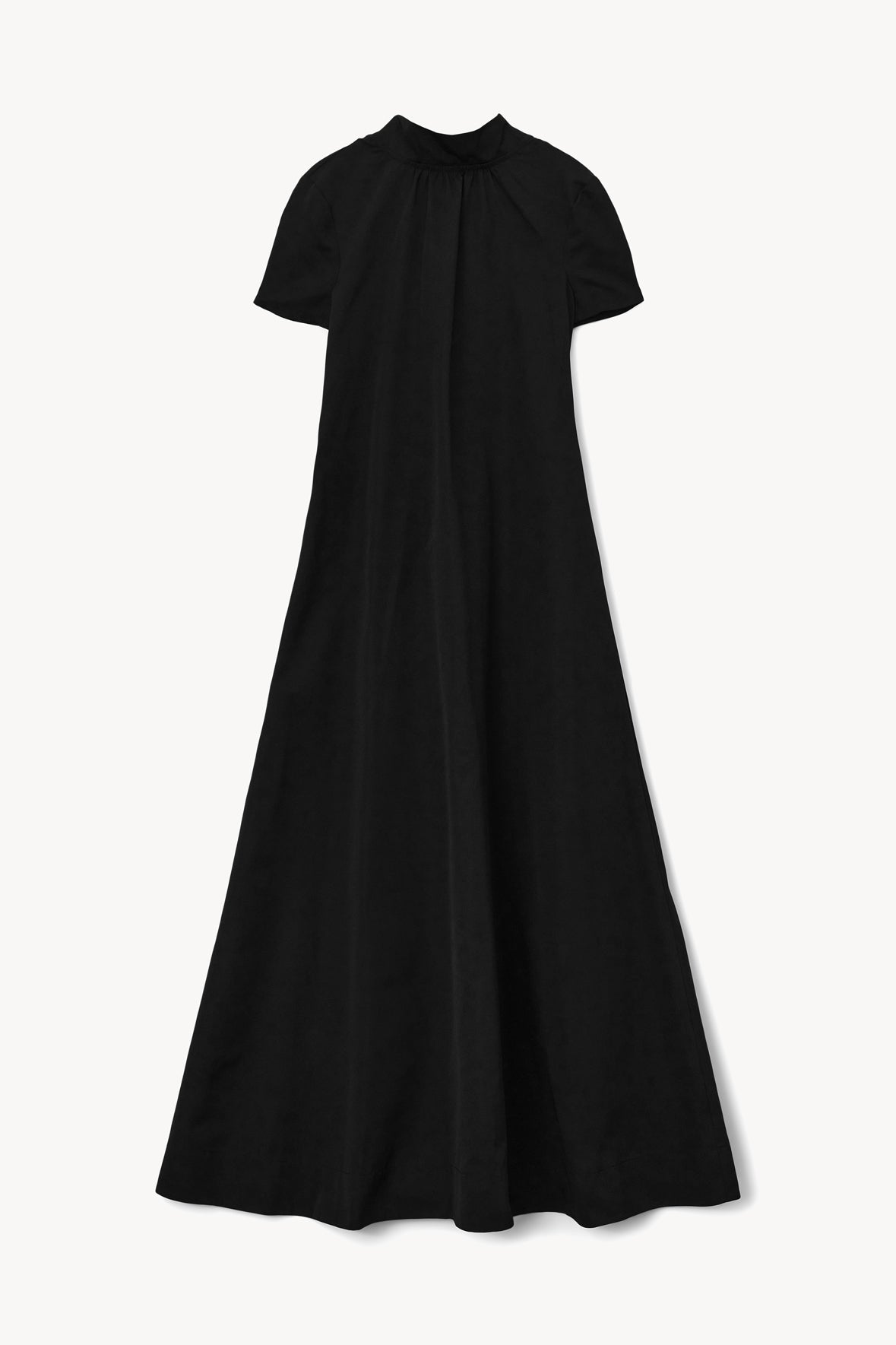 Black short-sleeve maxi dress with high gathered neck and full A-line skirt