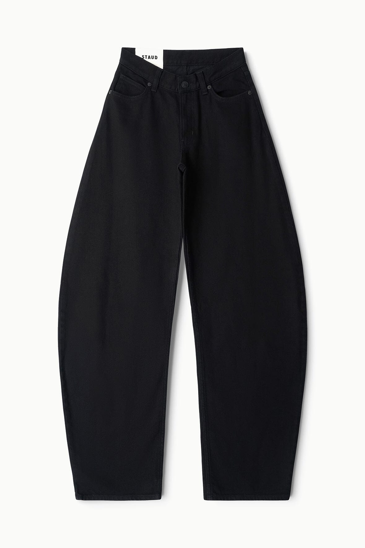 Black barrel jeans with studded front pockets, relaxed fit