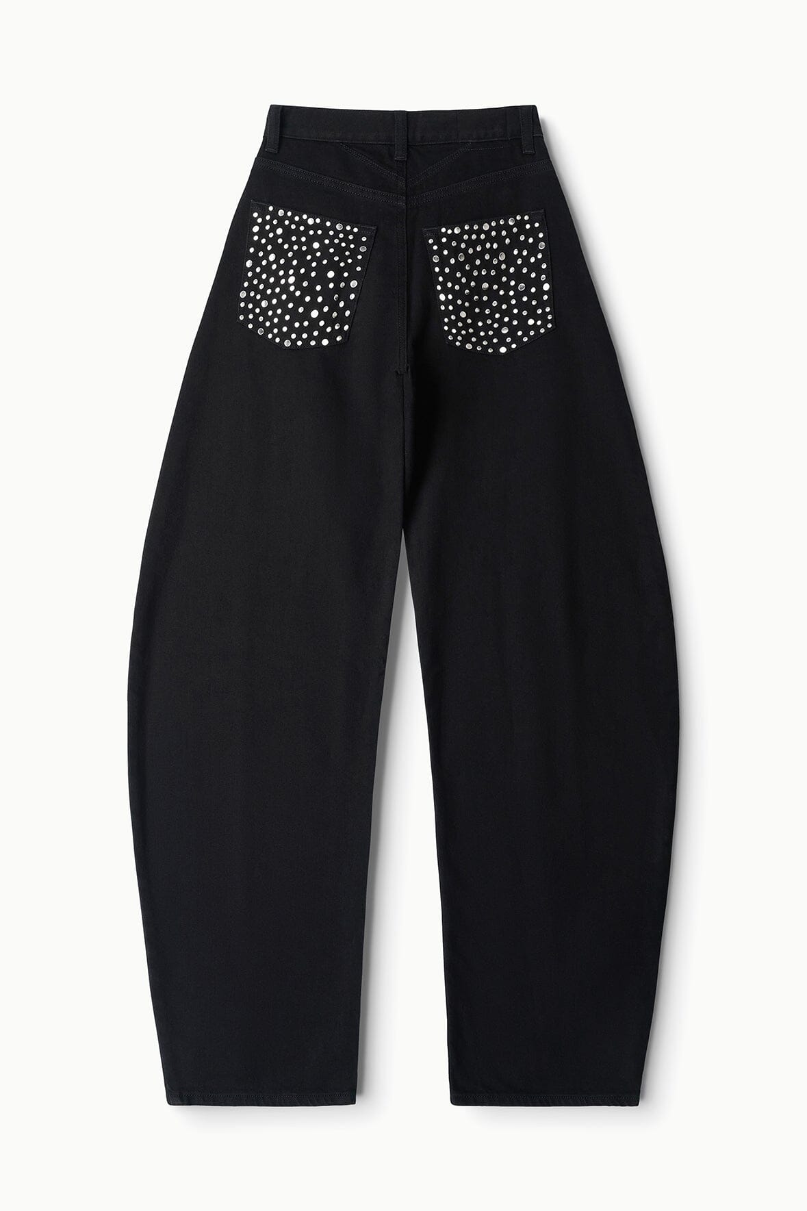 Black barrel jeans with rhinestone-studded pocket panels, relaxed fit