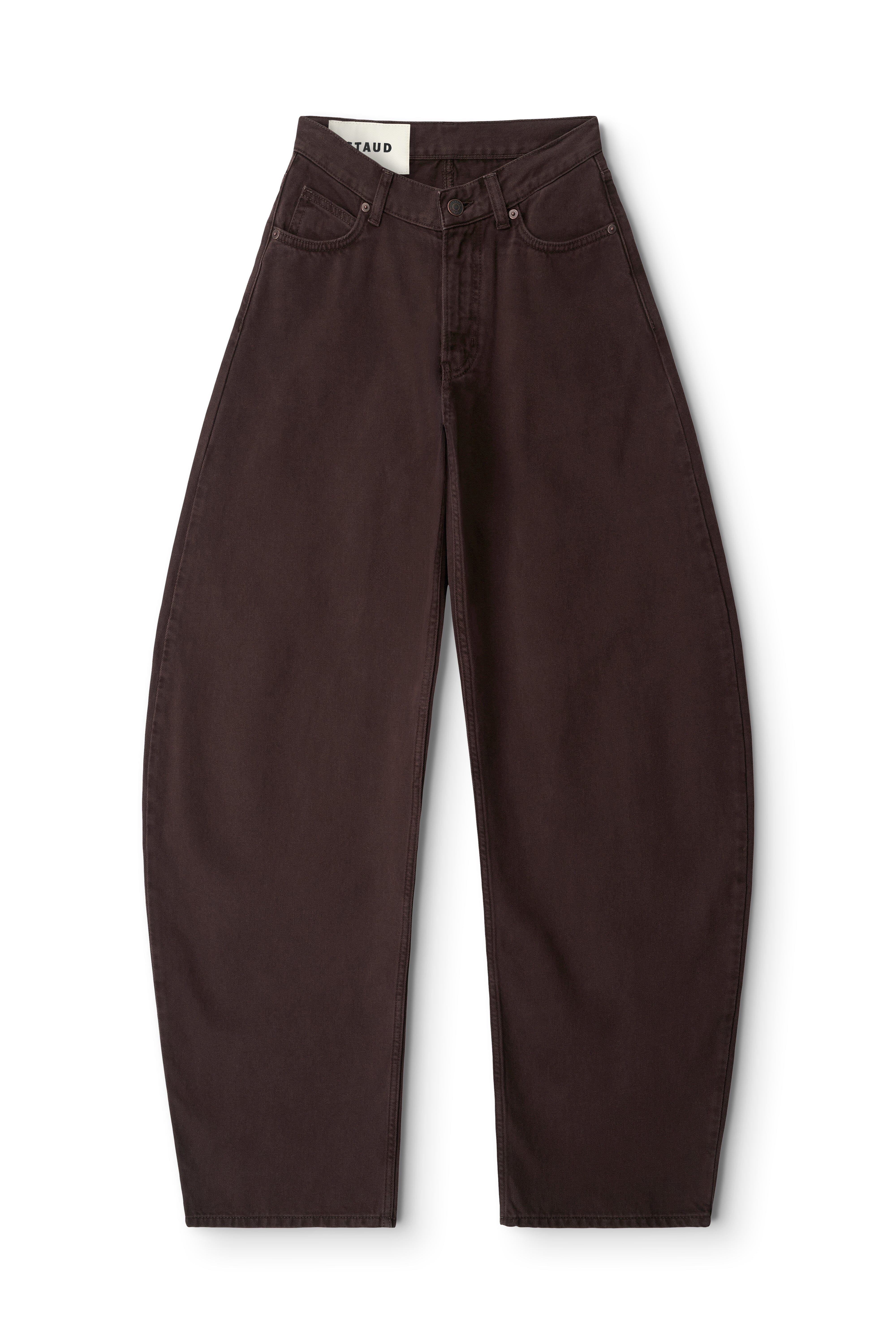 Brown barrel jeans with relaxed straight leg and front seams