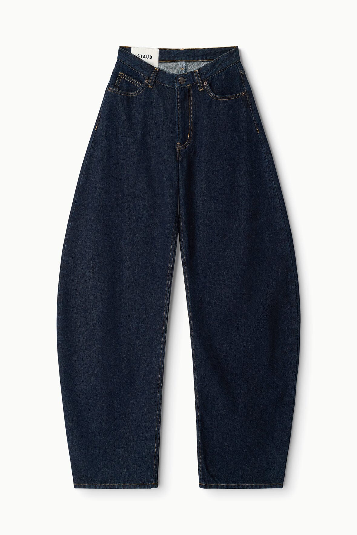 Indigo barrel-leg jeans with belt loops and front button closure