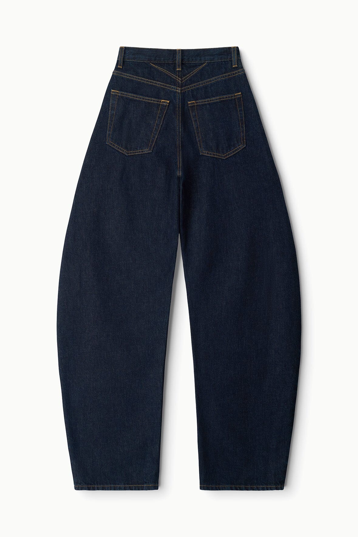 Indigo barrel-leg jeans with front patch pockets and belt loops