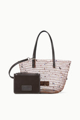 Multi-color beaded bucket bag with black straps and dark front pocket panel