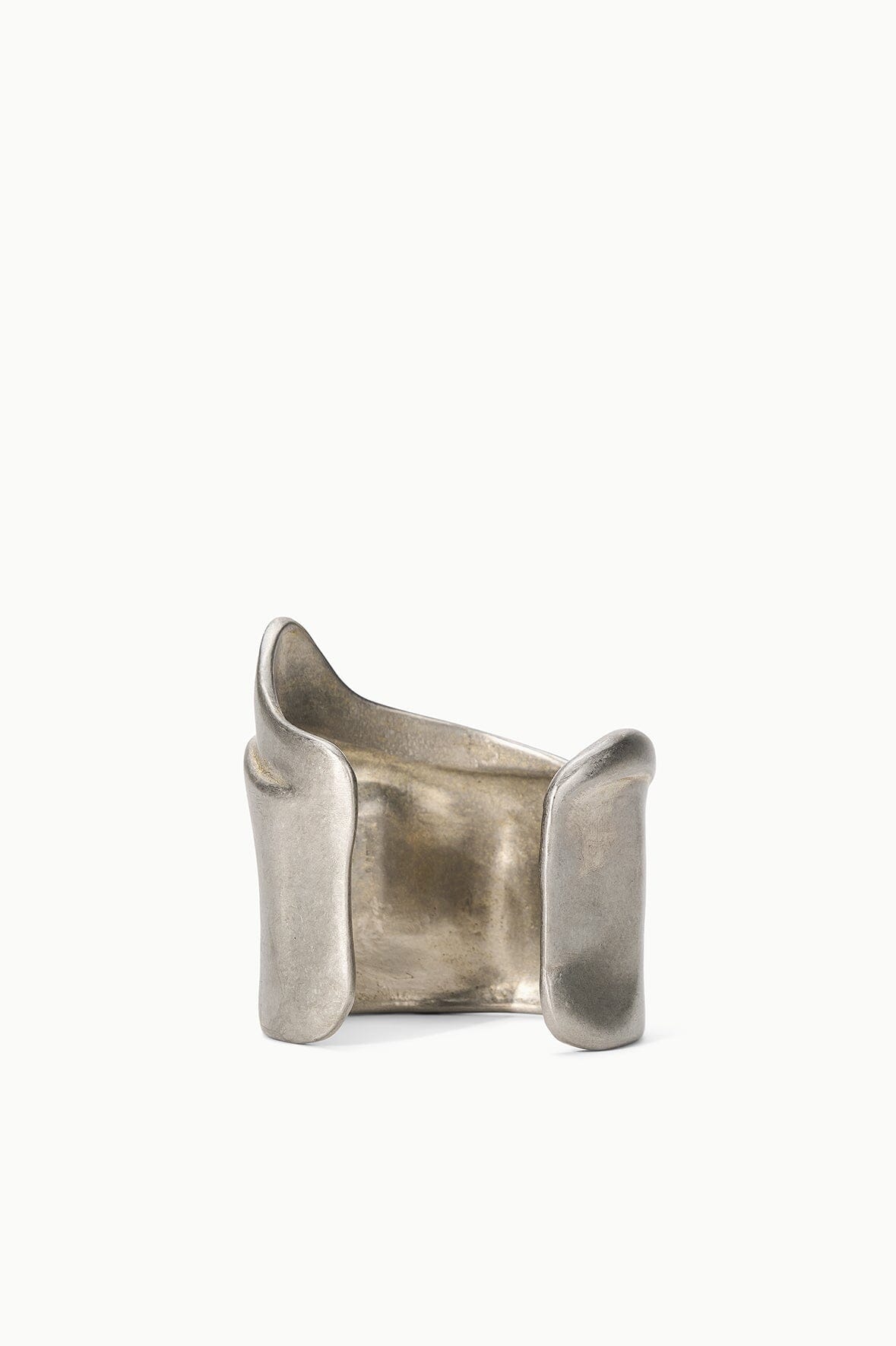 Silver-toned metal cuff bracelet, front view with flared ends