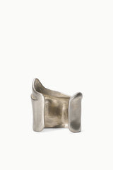 Silver-toned metal cuff bracelet, front view with flared ends