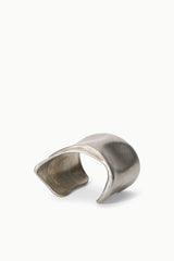 Silver-toned metal cuff bracelet, side view with open ends