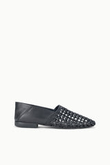 Black woven flat loafer with pointed toe and low block heel