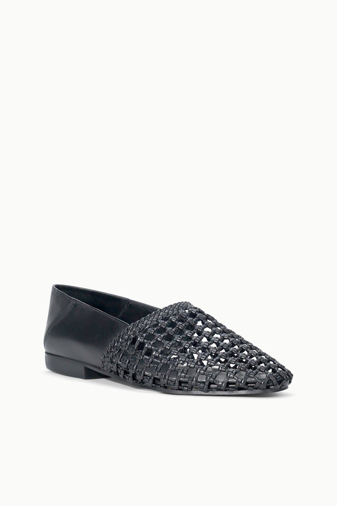 Black woven flat loafer with low block heel, side view