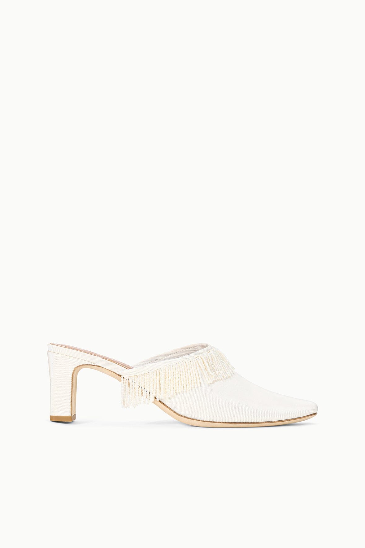 Ivory kitten-heel mule with fringe collar and pointed toe