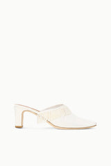 Ivory kitten-heel mule with fringe collar and pointed toe