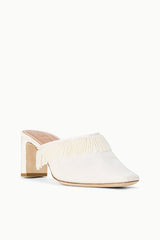 Ivory mule with low kitten heel and fringed elastic collar