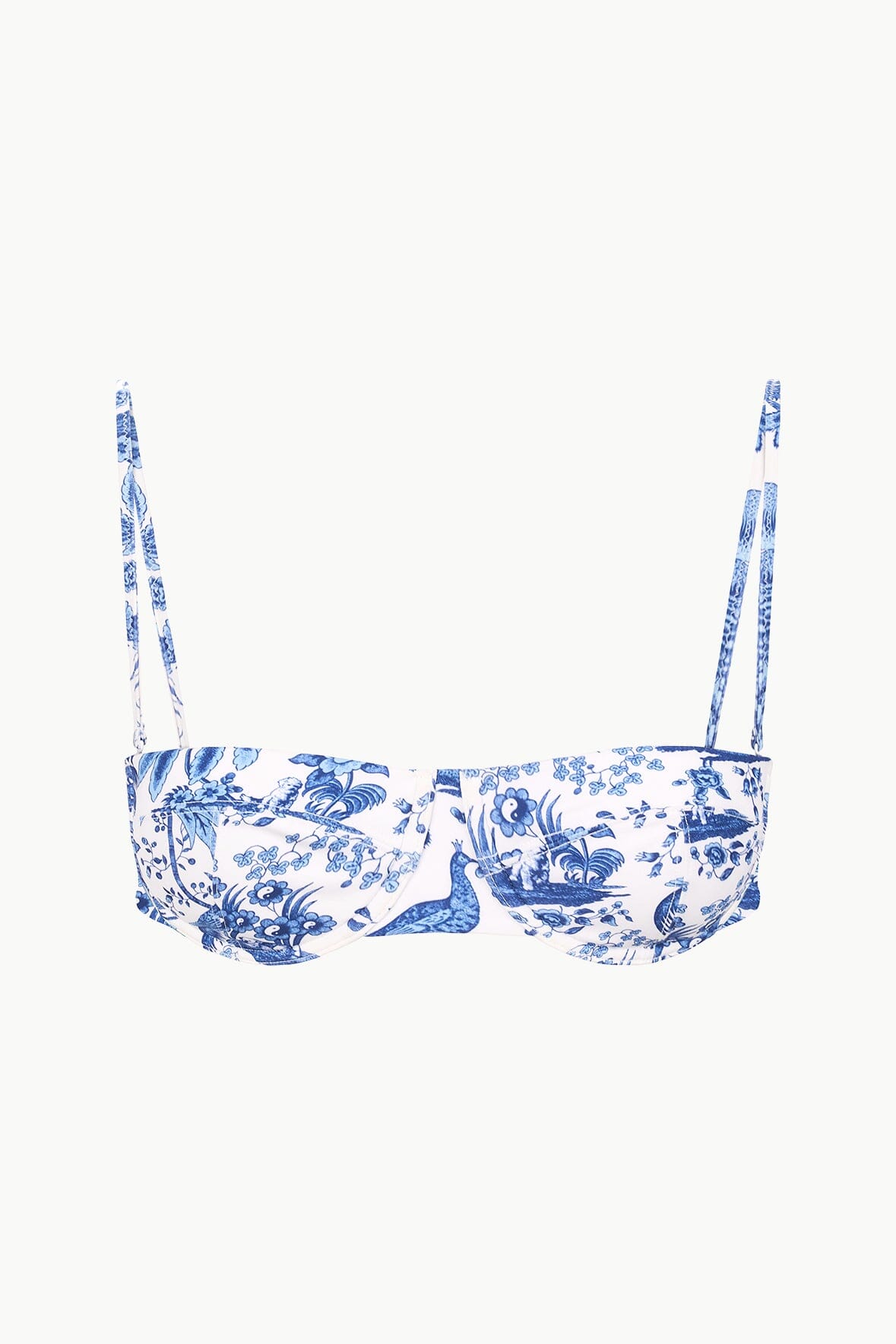 Blue toile balconette bikini top, flat lay with underwire cups and shoulder straps