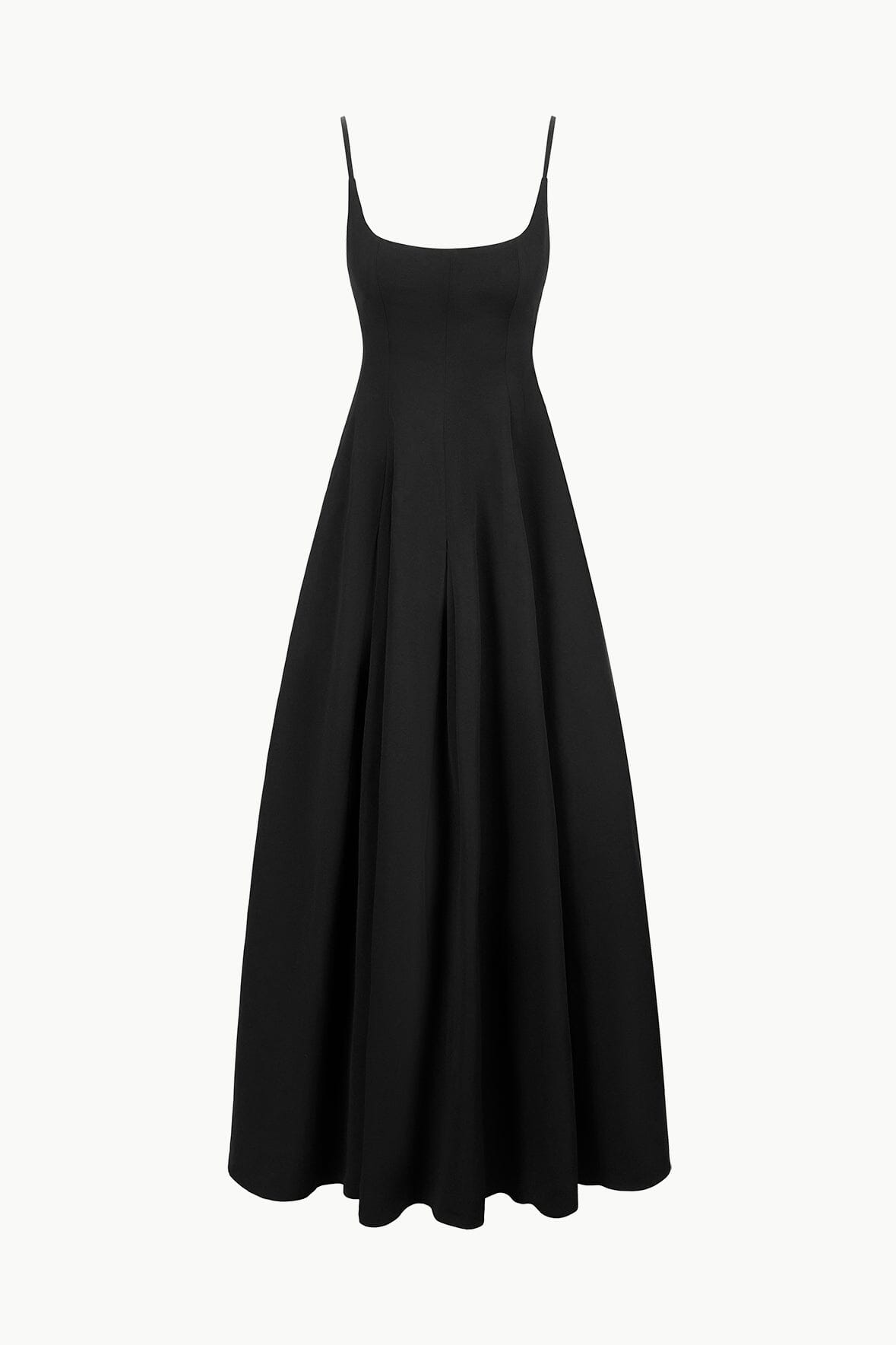 Black maxi dress with square neckline, spaghetti straps, and full gathered skirt