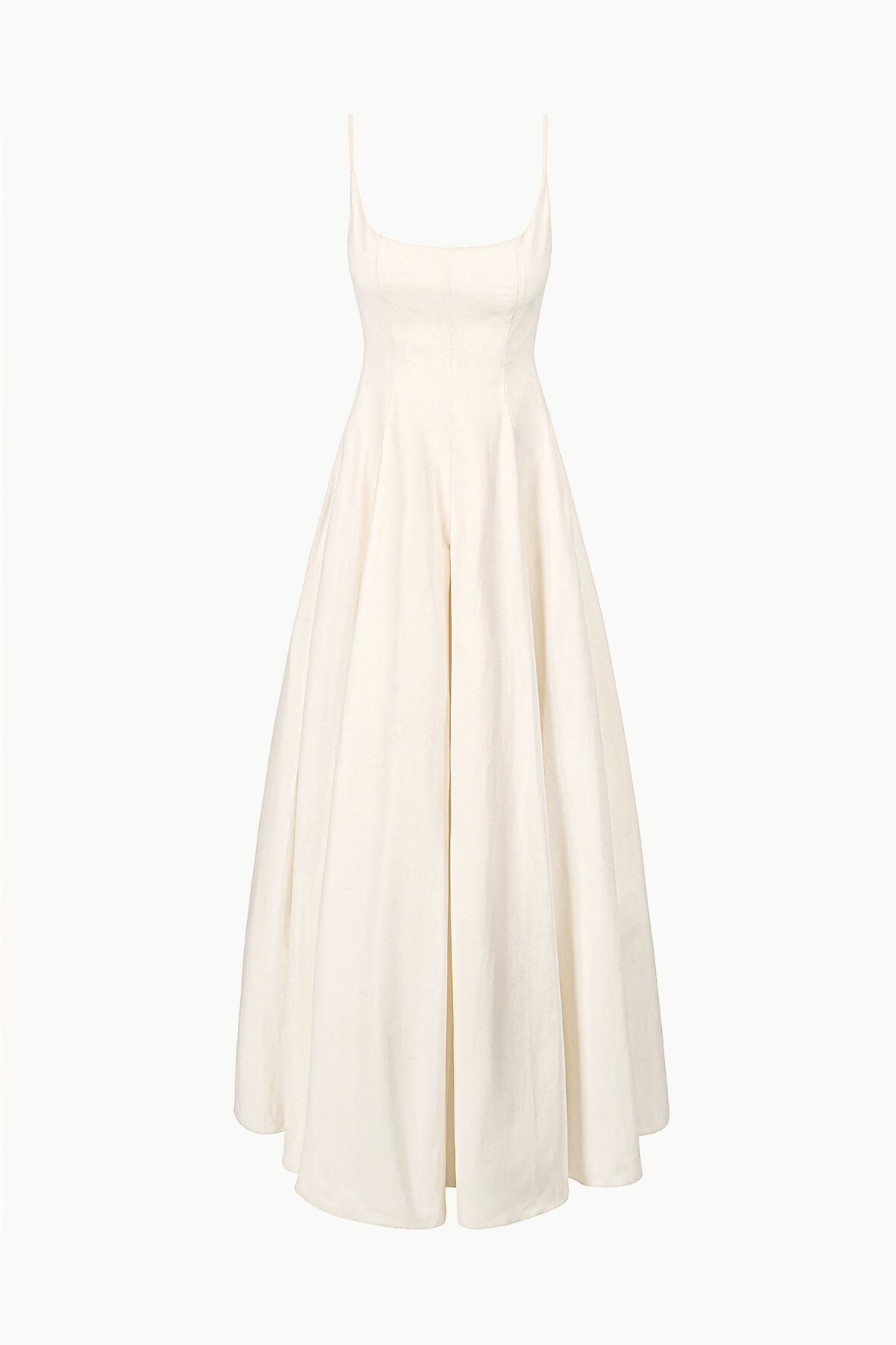 Ivory sleeveless maxi dress with spaghetti straps and pleated skirt