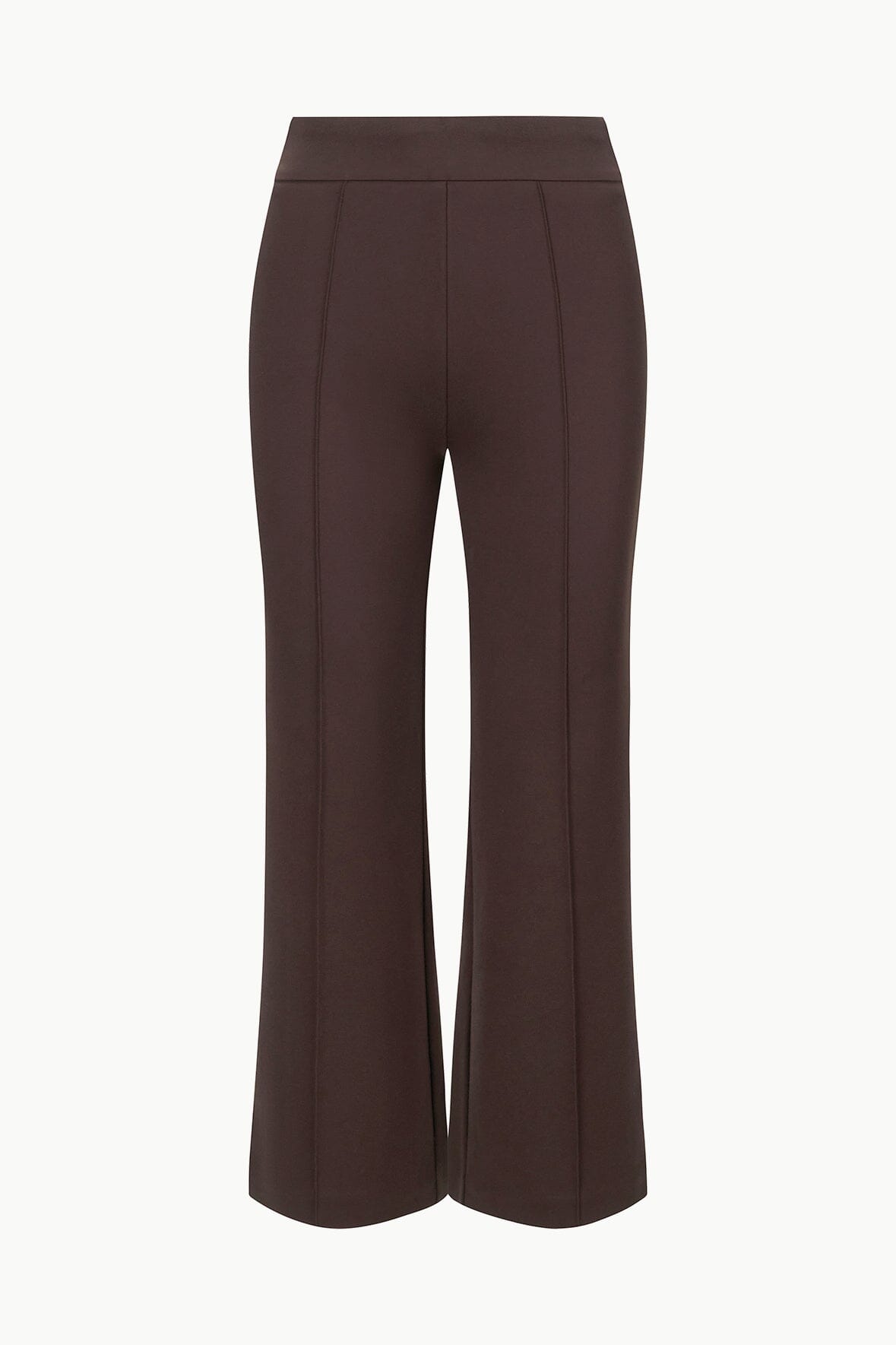 Dark chocolate brown wide-leg pants, flat lay showing waistband and centered leg seams.