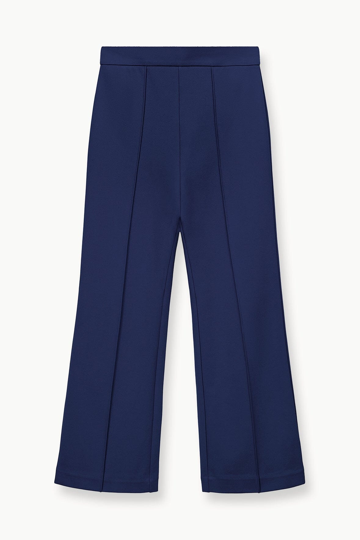Navy wide-leg pant flat lay with pleated front and center crease