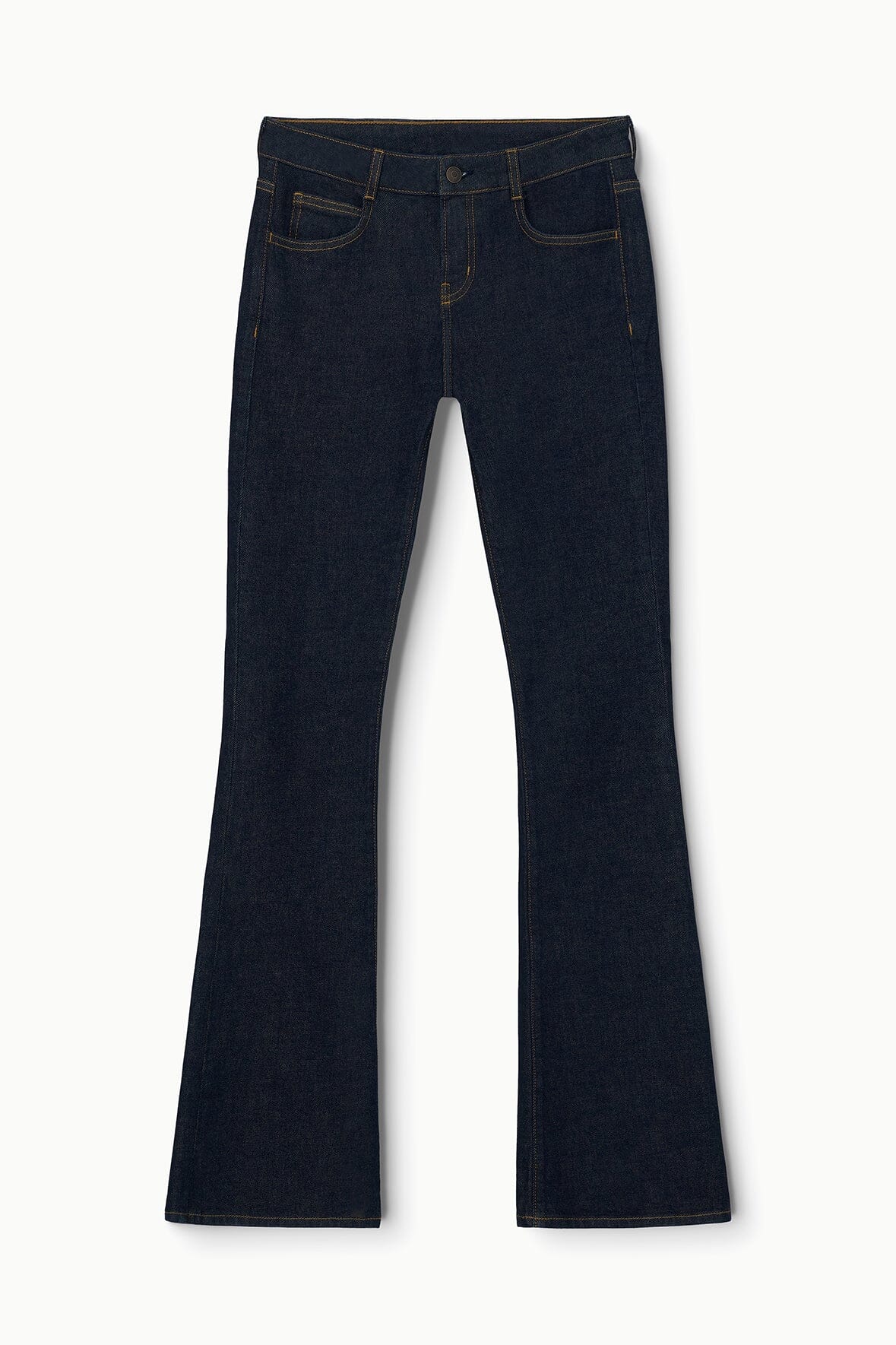Indigo stretch flare jeans with straight front, belt loops, and dark wash denim