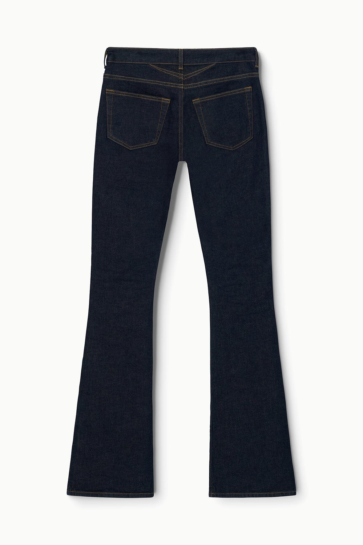 Indigo stretch flare jeans with back yoke and two rear patch pockets