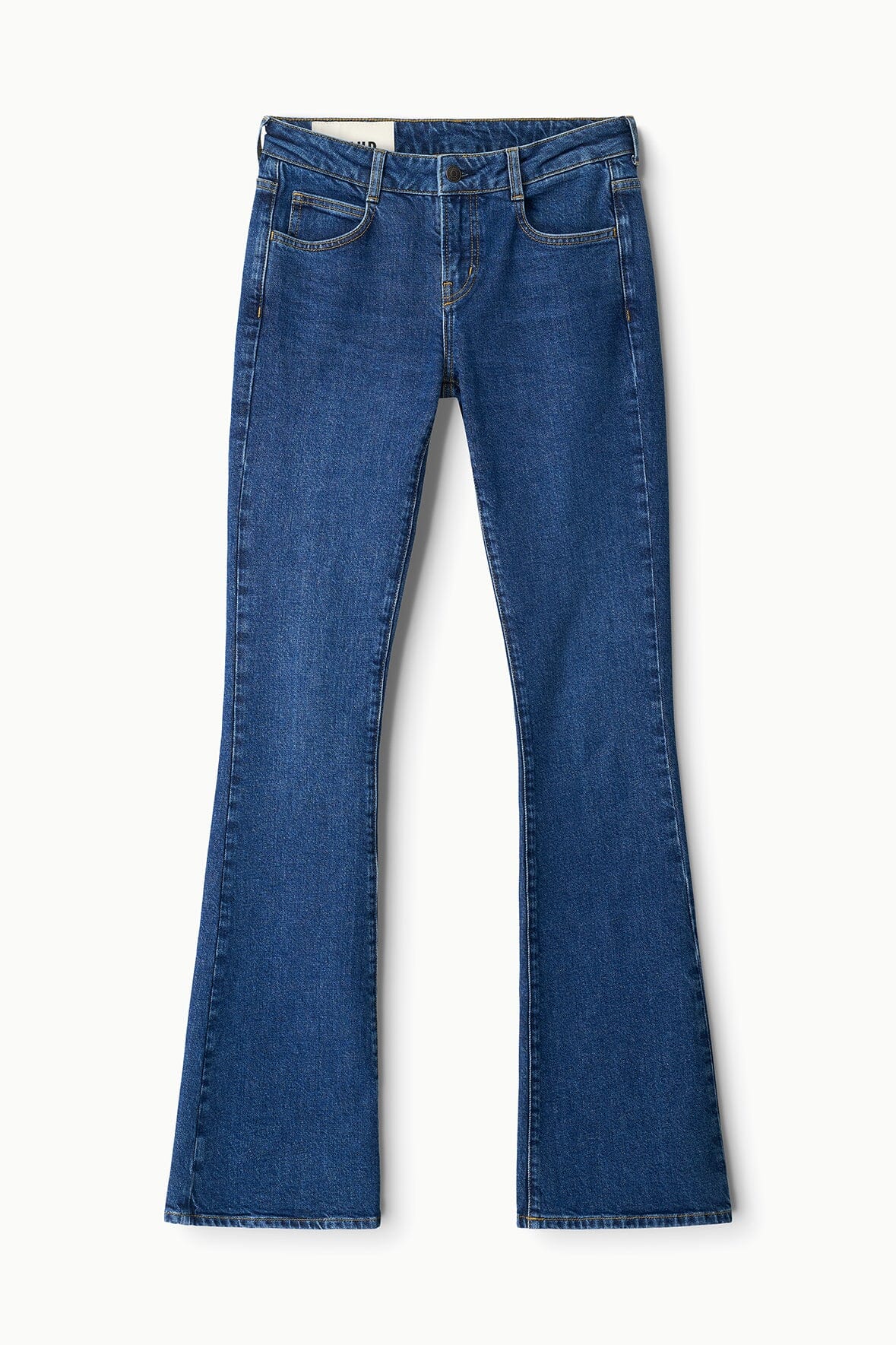 Stone blue stretch flare jeans with wide-leg silhouette and button-and-zip closure