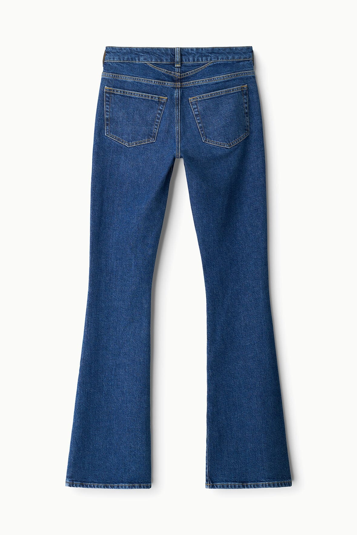 Stone blue stretch flare jeans with two back pockets and wide-leg cut