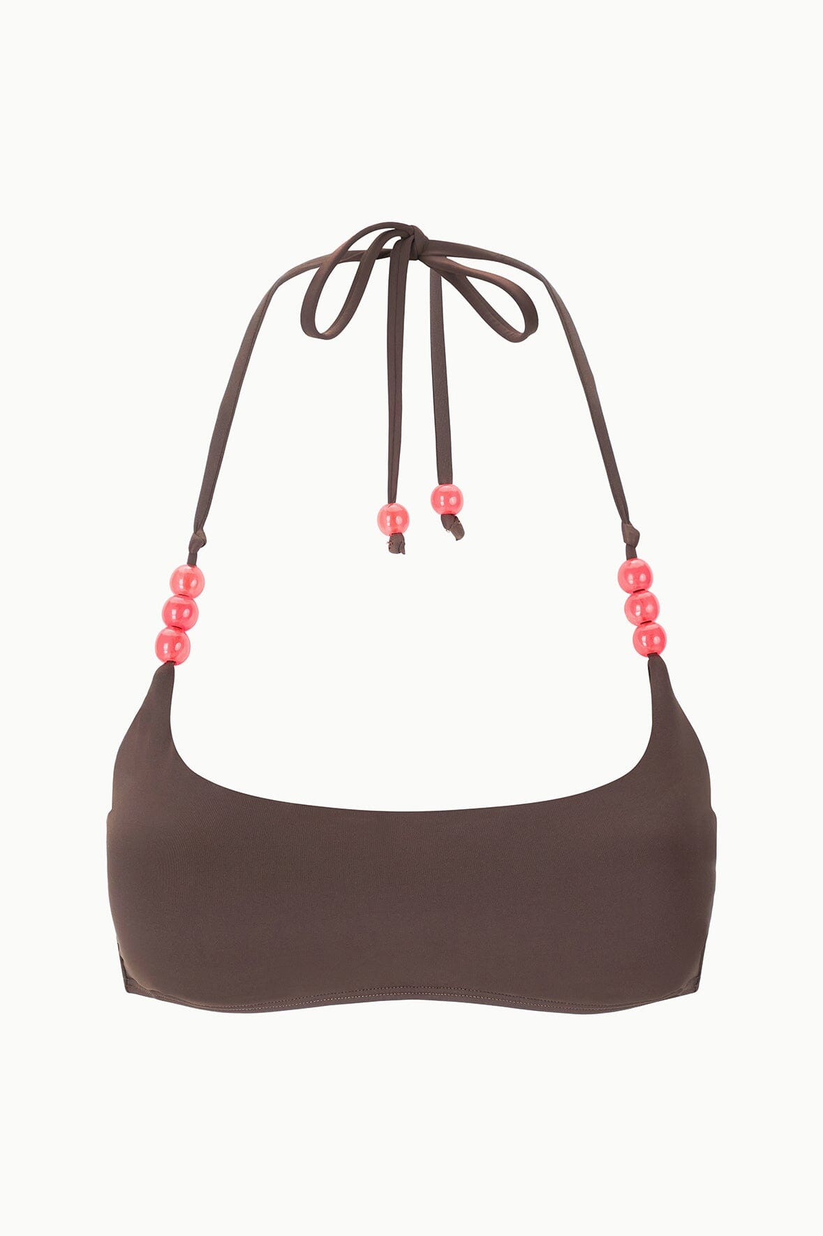 Dark chocolate bikini top with halter neck ties and red bead tassels, flat lay