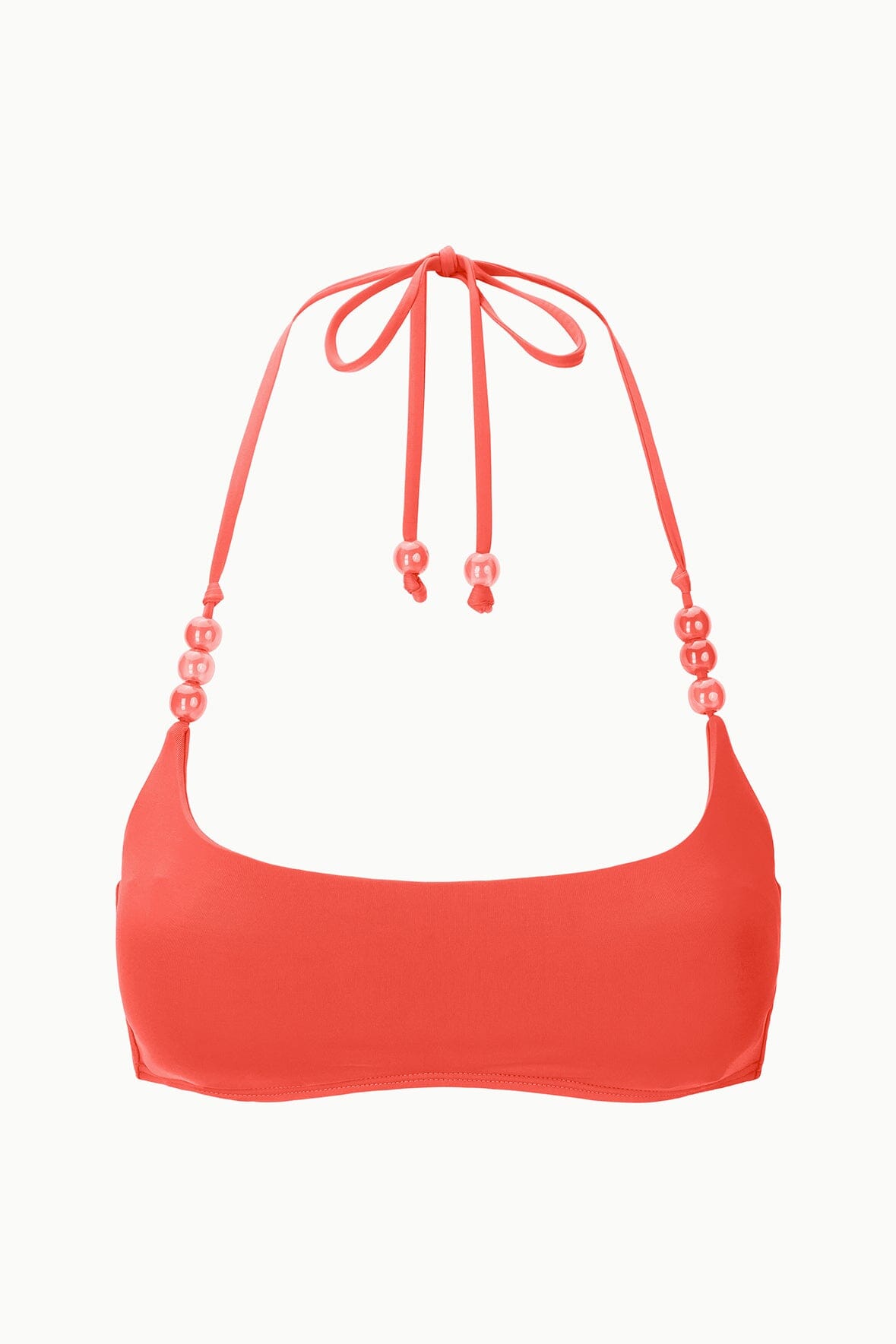 Coral red bikini top flat lay with beaded halter cords and adjustable center tie