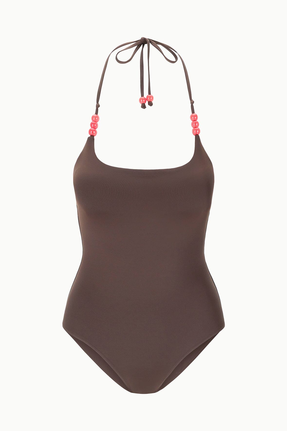 Dark brown halter one-piece swimsuit with red beaded neck ties, front view